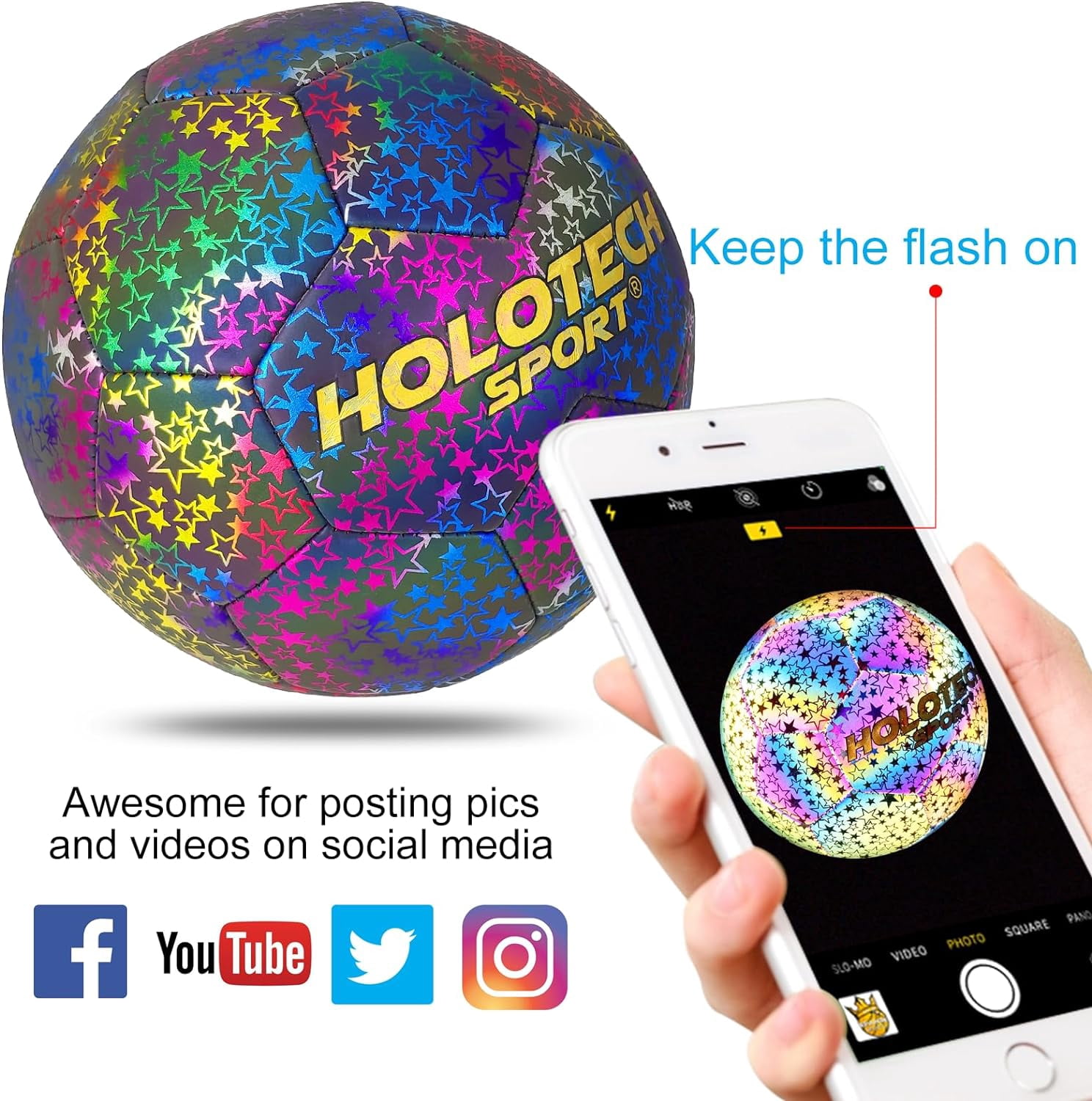 WTOPSBO Soccer Ball Size 4/5, Holographic Reflective Glowing Soccer Ball, Bright PU Leather Soccer Balls for Night Games,Training, Ideal Gifts for Soccer Fans with Pump