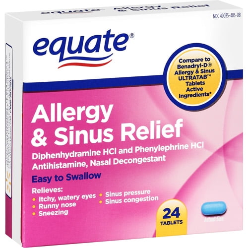 Equate Allergy & Sinus Relief Diphenhydramine Tablets, 24 Count