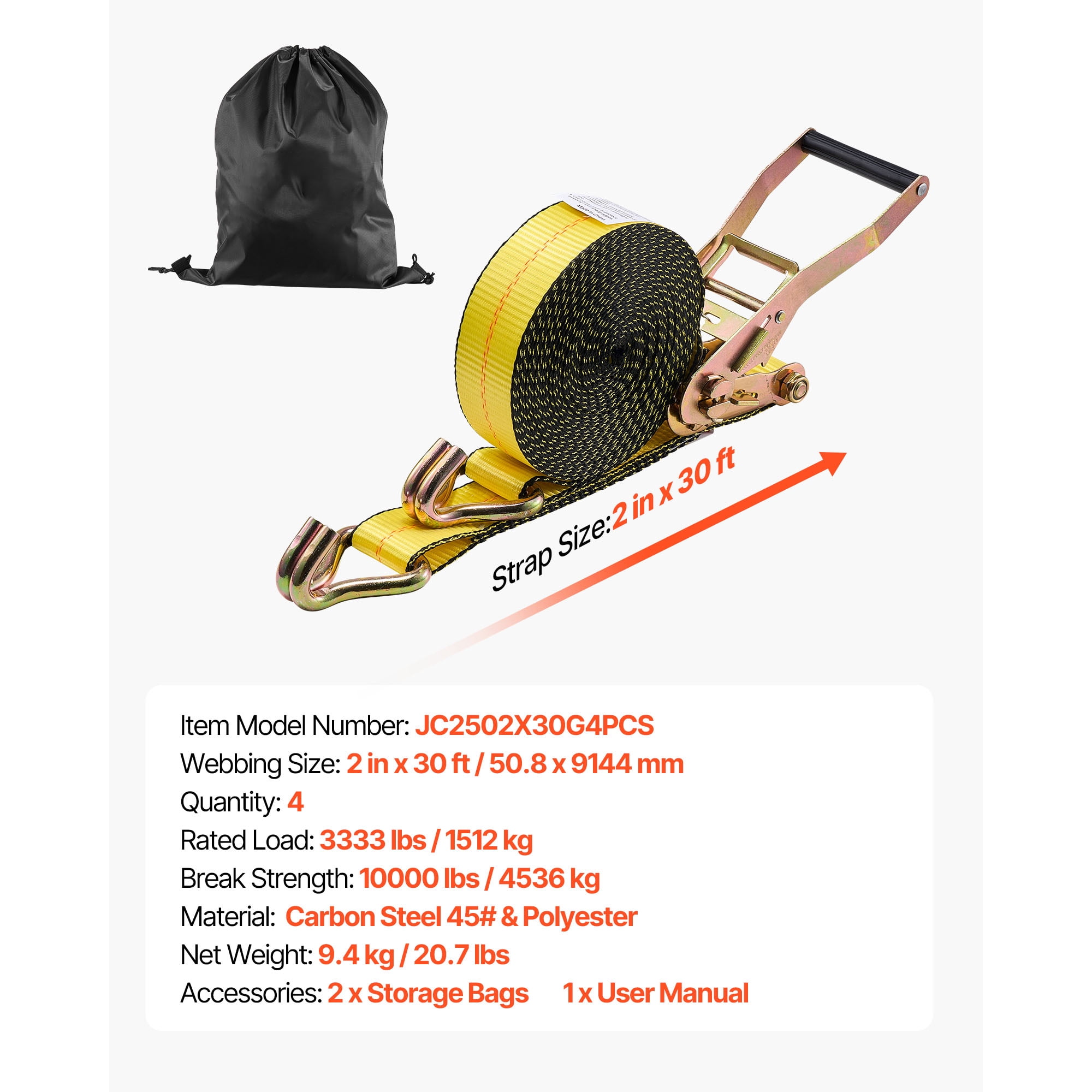 KFFKFF Heavy Duty Ratchet Straps, 2 in x 30 ft, Tie Down Straps with Double J Hook, 10,000 lbs Break Strength, Carry Bag Included, Ideal for Securing Loads on Trailers, Motorcycles, Kayaks, Car Roof