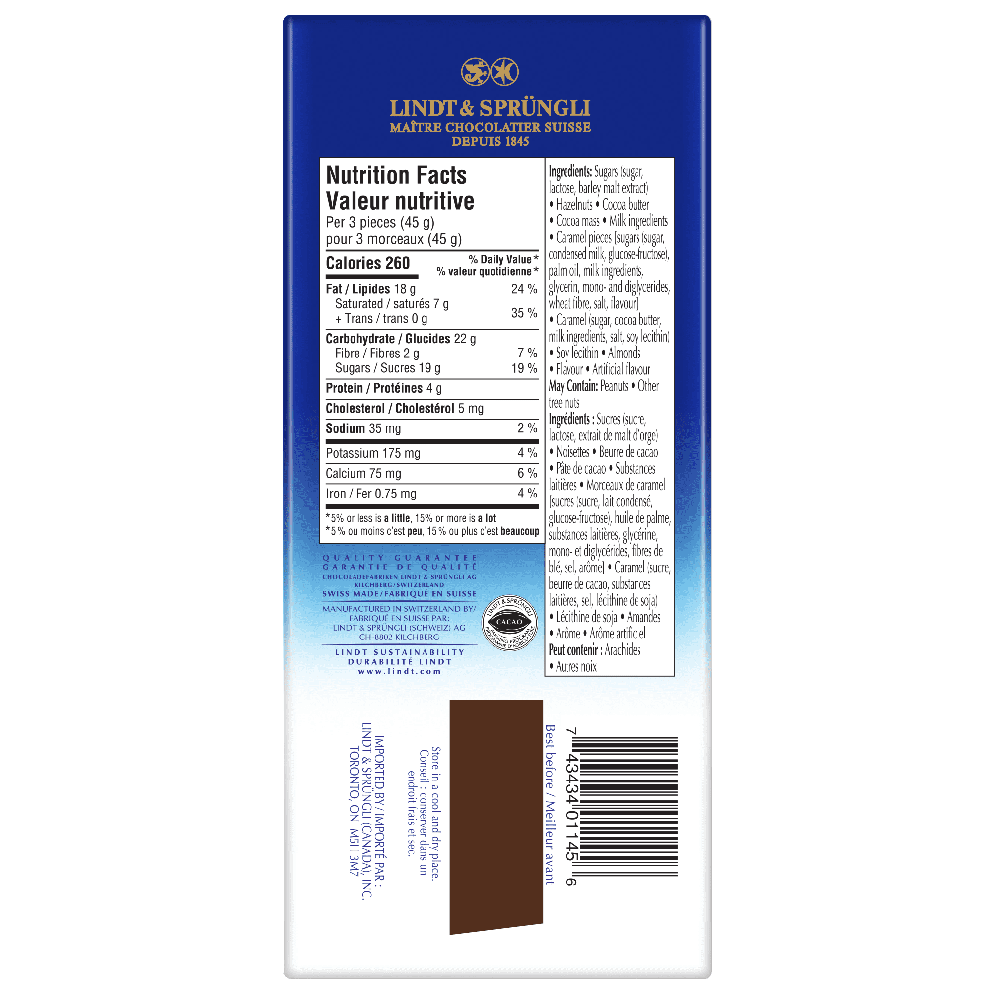 Chocolat au lait avec noisettes et caramel Lindt SWISS CLASSIC Grandes – Barre (150 g)