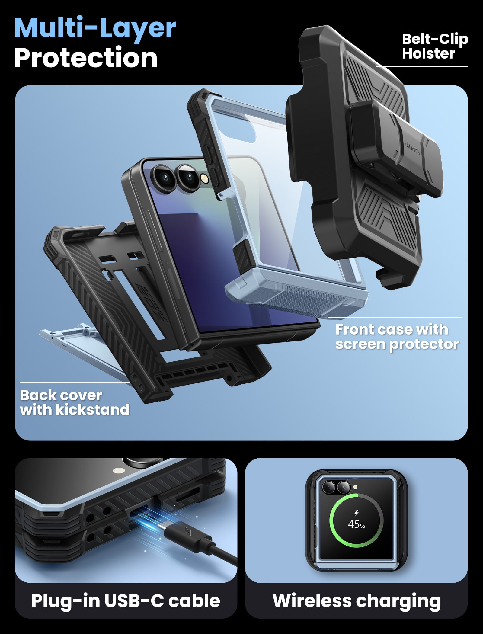 i-Blason Armorbox for Samsung Galaxy Z Flip 7 Case with Stand, [Built-in 9H Screen Protector] [with Belt-Clip] [Hinge Protection], Full-Body Military Protection Phone Case for Samsung Z Flip 7, Tilt