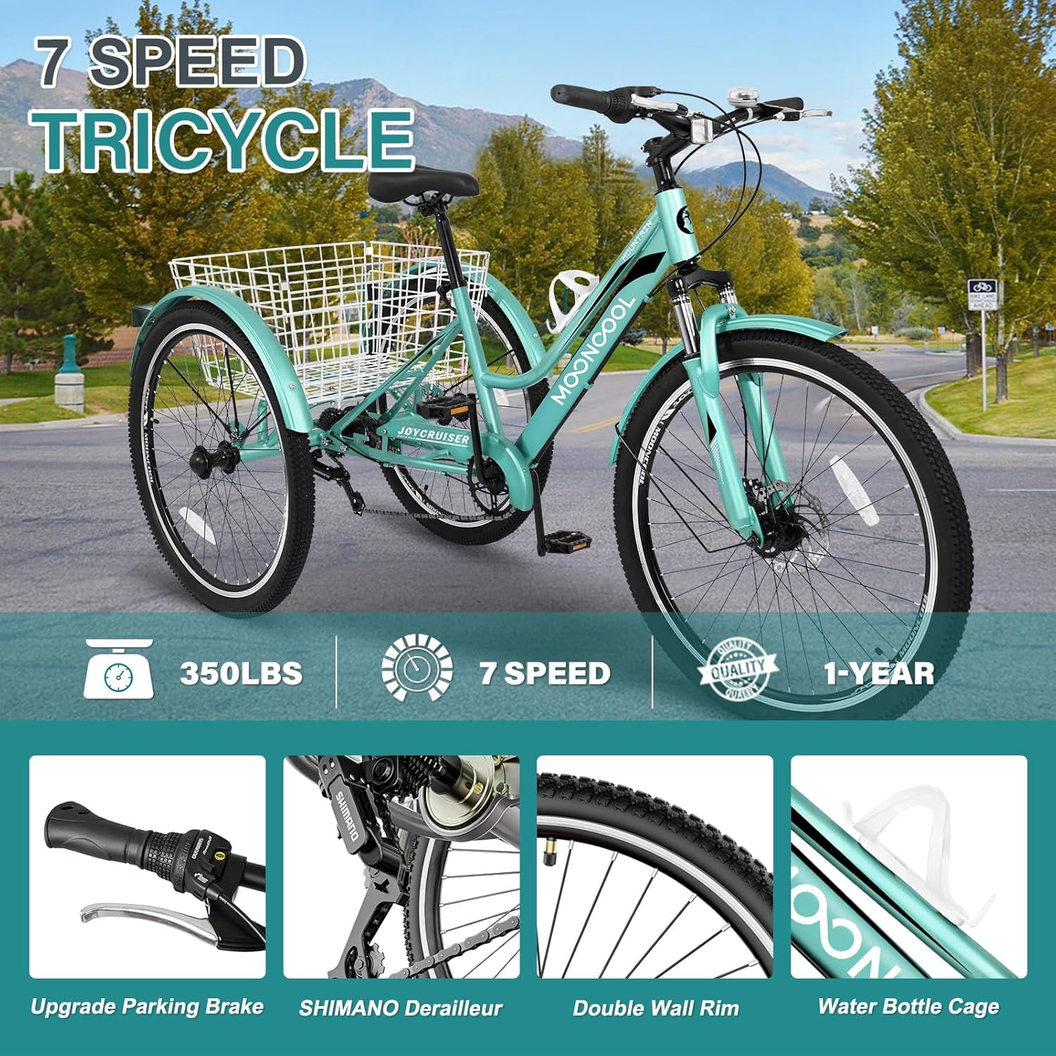 MOONCOOL Mountain Tricycle for Adults, 3 Wheeled 7-Speed Mountain Tricycle 24/26/27.5 inch Men's Women's Tricycles Cruiser Bike with Cargo Basket