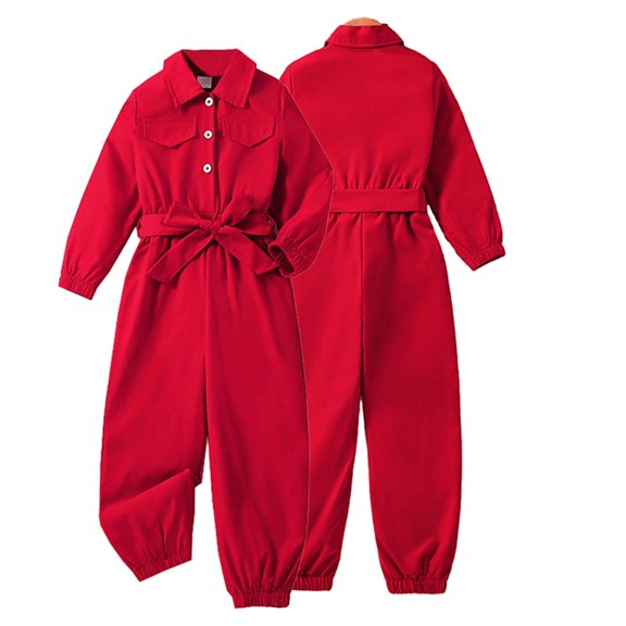 KYAIGUO 4-7T Toddler Kids Girl Spring Solid Color Jumpsuit Romper Bell-Bottom Overalls Pants Outfits Fall One-Piece Bodysuit with Belt