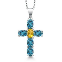 Gem Stone King 925 Sterling Silver London Blue Topaz and Yellow Citrine Cross Pendant Necklace for Women | 3.45 Cttw | Gemstone November Birthstone | Oval 6X4MM | With 18 inch Chain