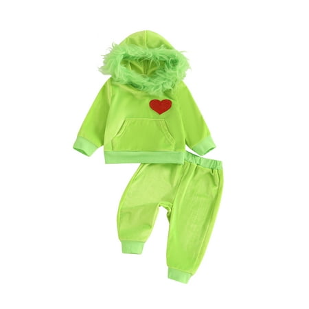 

Lesimsam Baby Girls 2-piece Outfit 3M 6M 9M 12M 18M 2T 3T Long Sleeve Hooded Furry Patchwork Heart Sweatshirt with Sweatpants Christmas Clothes Newborn Infant Clothing