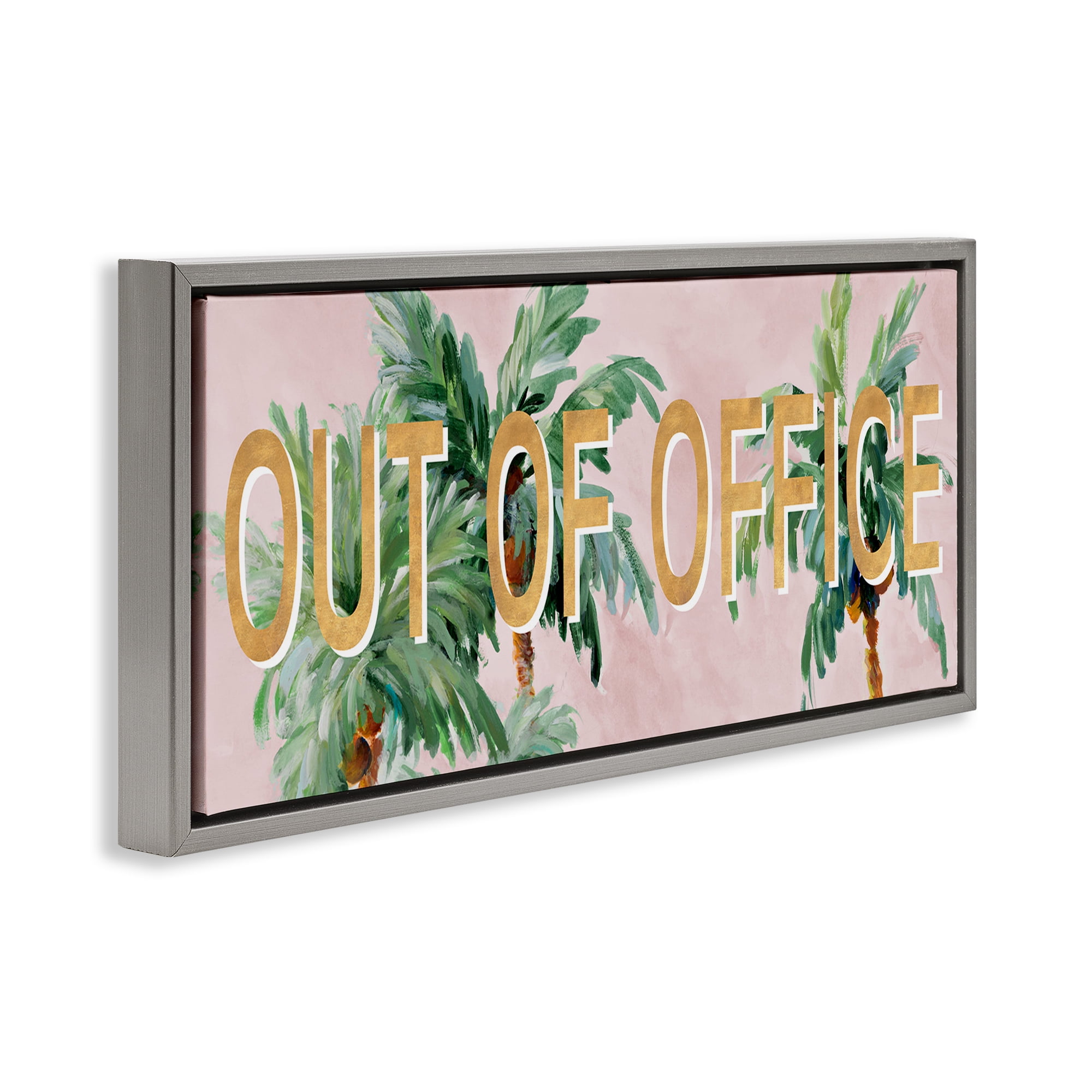 Stupell Industries Out Of Office Palms Typography Painting Gray Floater Framed Canvas Art Print Wall Art, 31 x 14