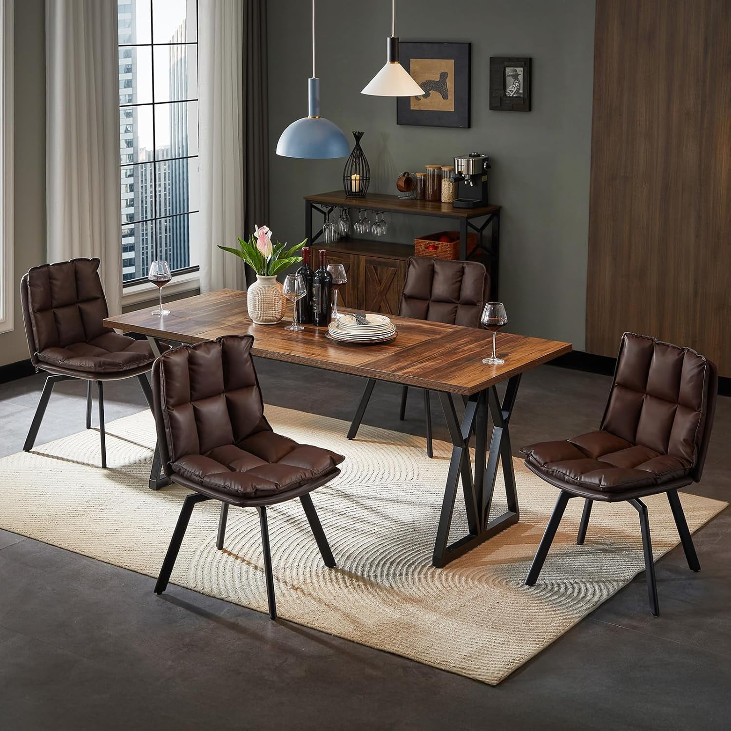Sailvan Dining Chairs Set of 2, Modern PU Leather Upholstered Kitchen Chairs, Swivel Dining Room Chair with Double-Layer Fabric Cushion, Dark Brown