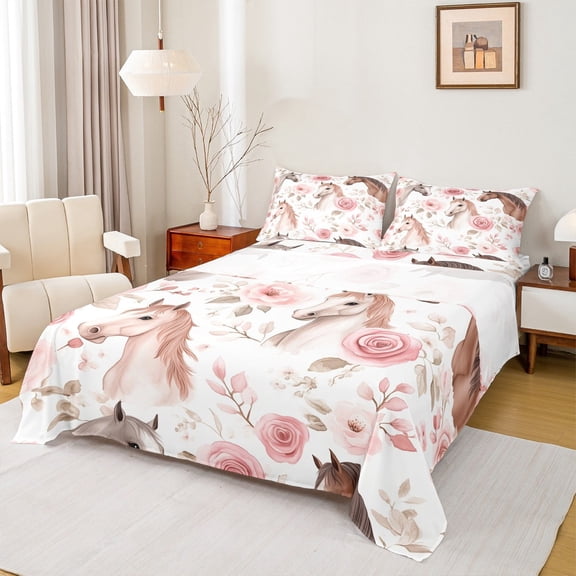 Manfei Western Cowgirl Full Size Sheets,Rustic Flower Floral Bed Sheets,Country Farmhouse Horse Sheet Sets For Kids Girls,Microfiber Bedroom Decor,4 Pieces