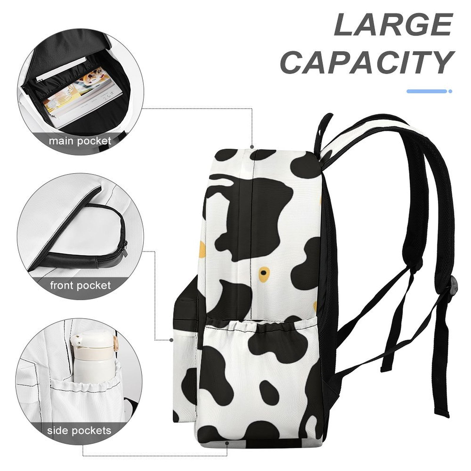 Large Capacity Half Print Backpack 11.8×16.5×5.9in Multifunctional Zipper Design Convenient Switch Simple Cow Print Pattern1_4
