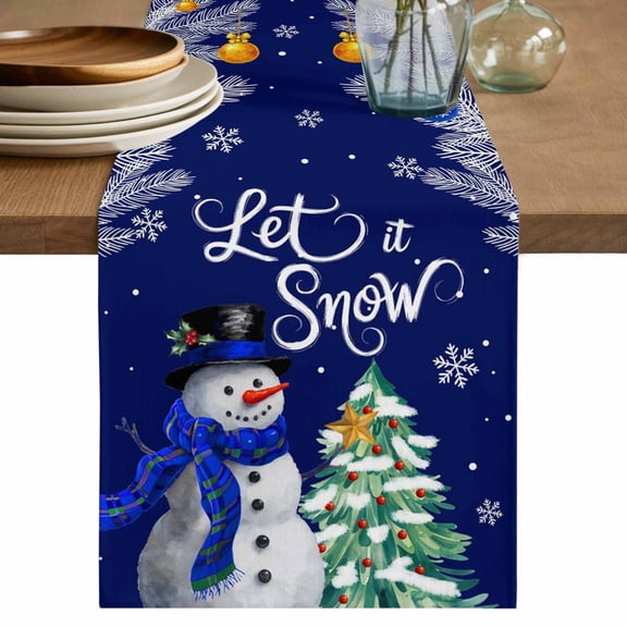 Navy Blue Snowman Christmas Table Runner 70 Inches, Xmas Tree Ball Winter Snowflake Bed Runner Dresser Scarves Tabletop for Indoor Outdoor Parties/Ceremony/Banquet, 13" x 70"