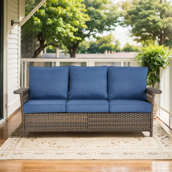 PARKWELL Wicker Outdoor 3 Seater Sofa,Patio Rattan Couch with Cushions Deep Seat,Navy