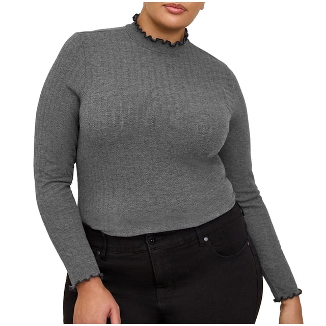 aidice Plus Size Tops for Women Half High Neck Long Sleeve Shirts Stretch Slim Fitting Bottom Ribbed Knit Shirt Top