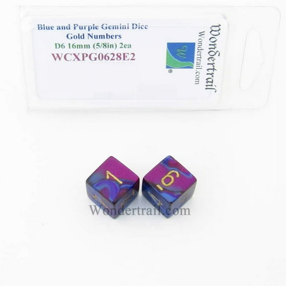 Blue and Purple Gemini Dice with Gold Numbers D6 Aprox 16mm (5/8in) Pack of 2 Wondertrail