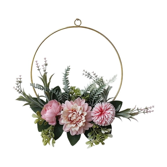 DefiDgd Metal Hanging Flower Wreath for Front Door,Vintage Layered Faux Rose Floral Wreaths Hoop for Outside Home Porch Wall Window Wedding Party Decoration(Pink)