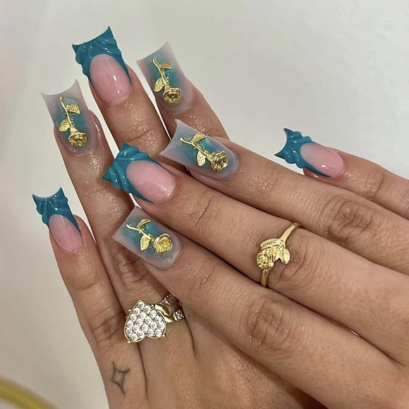 Uñas postizas Press On BABALAL punta francesa azul con charm 3D dorado