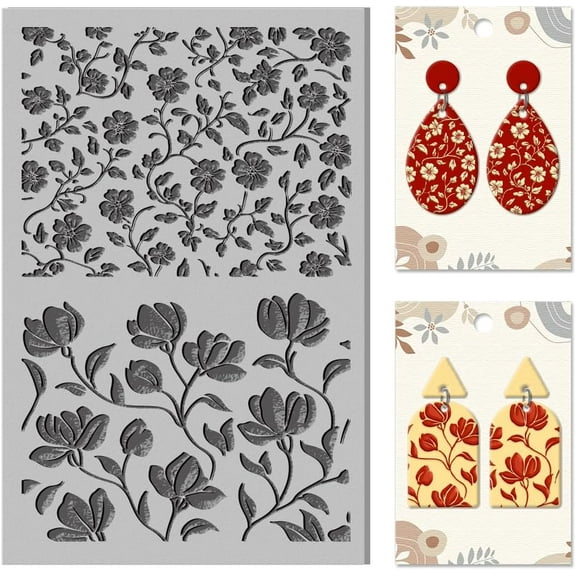 Oriental Flowers Polymer Clay Texture Sheets Curled Leaves Clay Texture Vintage Vine Rubber Clay Texture Mat Modeling Pad Texture Sheets for Polymer Clay Making Earrings Jewelry