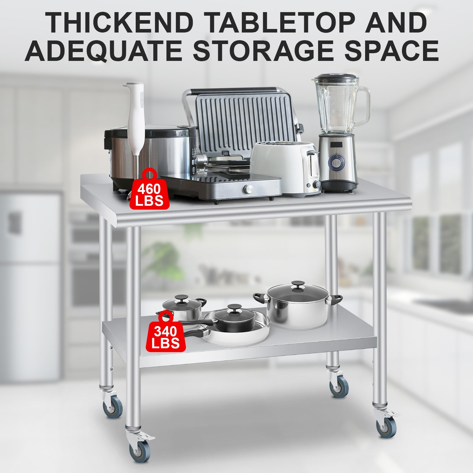 Stainless Steel Prep & Work Table with Backsplash - Adjustable Undershelf - 4 Locking Wheels - Commercial Kitchen Restaurant Home Outdoor Use - Size: 48x24 Inch