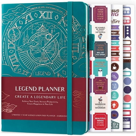 Legend Planner - Deluxe Weekly & Monthly Life Planner to Hit Your Goals & Live Happier. Organizer Notebook & Productivity Journal. A5 Hardcover, Undated - Start Any Time + Stickers - Viridian Green