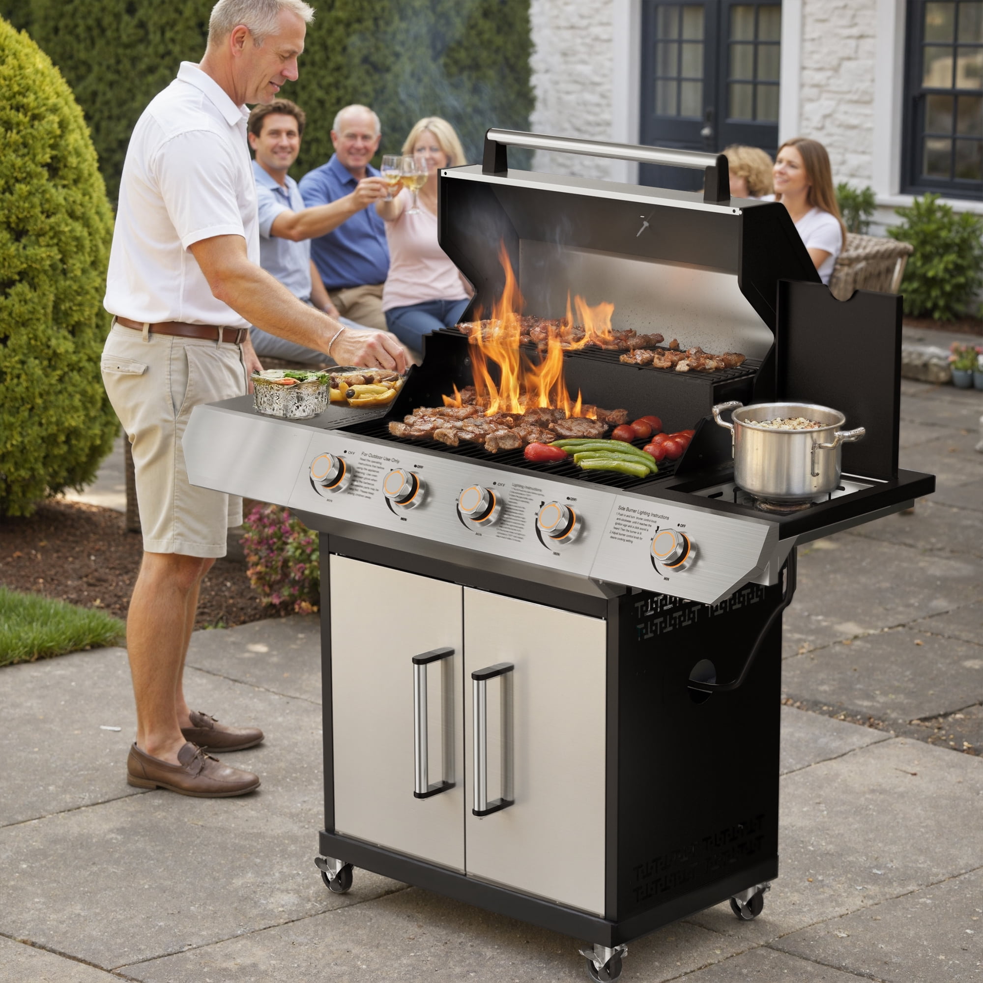 SKOK 4-Burner Gas Grill with Side Burner & Porcelain-Enameled Cast Iron Grates, 60,000 BTU, 629 sq. in. Cooking Area & LED Light Knobs for Outdoor Cooking