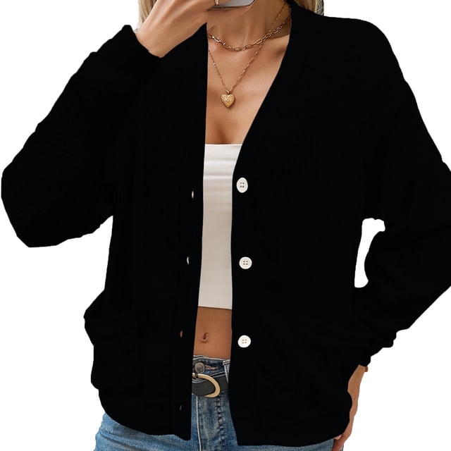 RXMEKW Knit Cardigan for Women, V-Neck Button Front with Patch Pockets, Oversized Relaxed Fit Long Sleeve Open Front Sweater for Layering