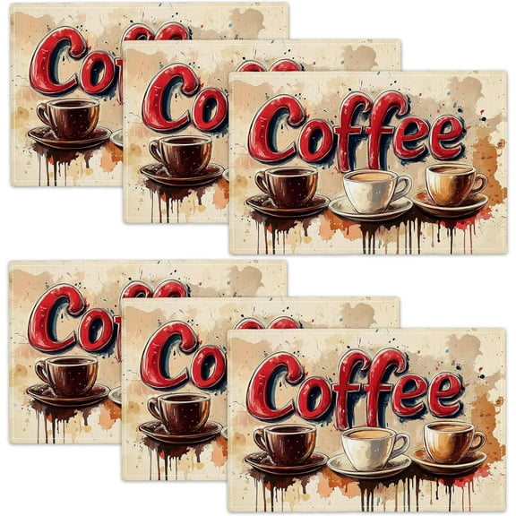 Coffee Placemats Set of 6 Cafe Table Mats Washable Place Mats for Home Party Indoor Kitchen Dining Table Decoration 12x18 Inch