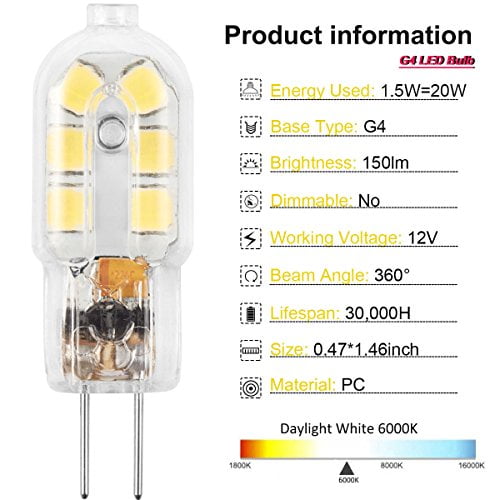 G4 LED Bulb, AMAZING POWER 12V JC Pin Bulb, 20W Halogen Bulb Daylight 6000K, 10-Pack -