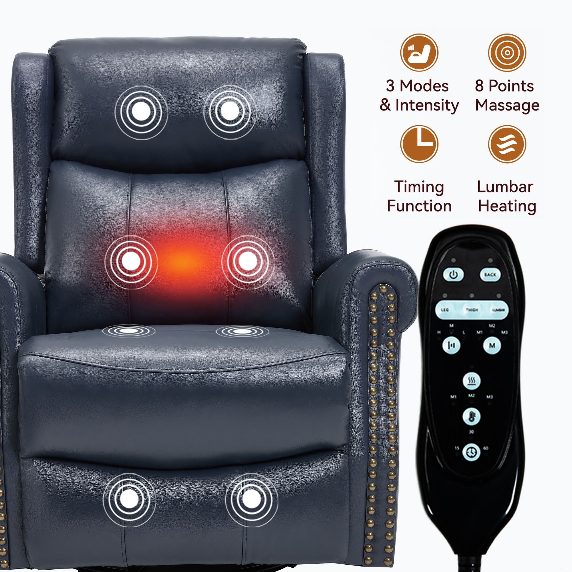 MAYEERTY 360 Degree Swivel Rocker Recliner Chair, Genuine Leather Manual Recline Glider Armchair with 8-Point Vibration Massage & Lumbar Heat, for Living Room Home Theater