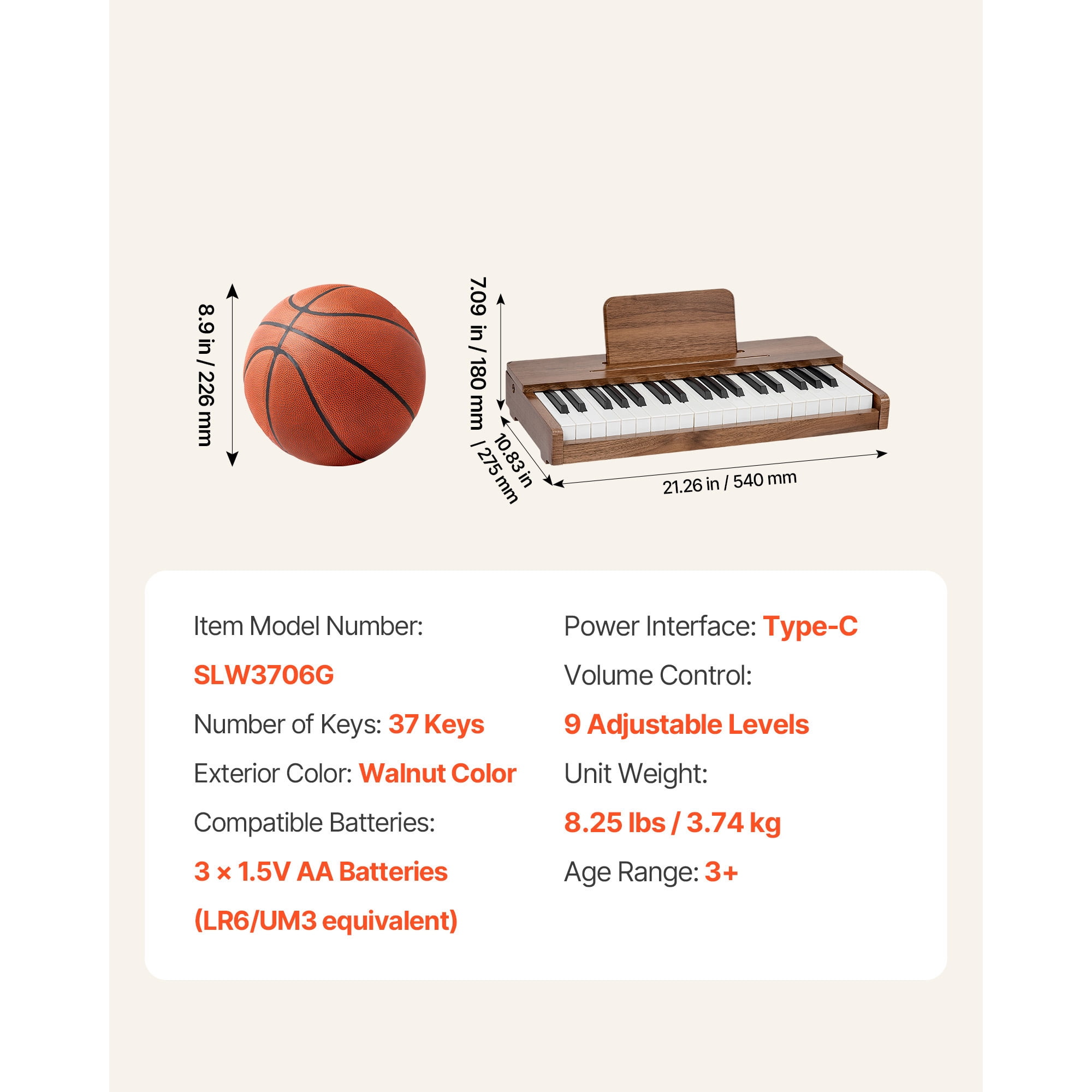 KFFKFF 37-Key Wooden Digital Piano for Kids, Mini Educational Musical Instrument with Realistic Sound, Dual Power Options, Adjustable Volume, Ideal for Toddlers and Children, Walnut Finish