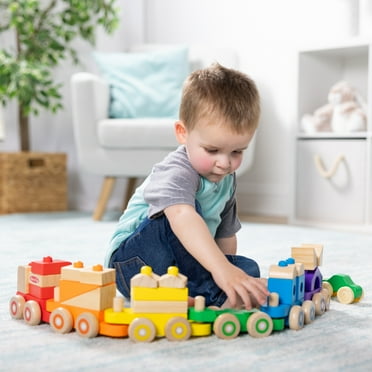 Melissa & Doug Deluxe Wooden Stacking Train, 32 Inch Length, 6 Cars, 19 Blocks, 2 Vehicles, for Toddlers 2 
