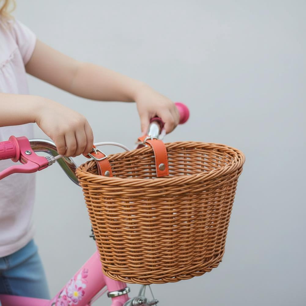 Kids Bike Basket Wicker Style Front Bicycle Basket for Boys Girls Mini Handlebar Basket for Kids Bike Scooter