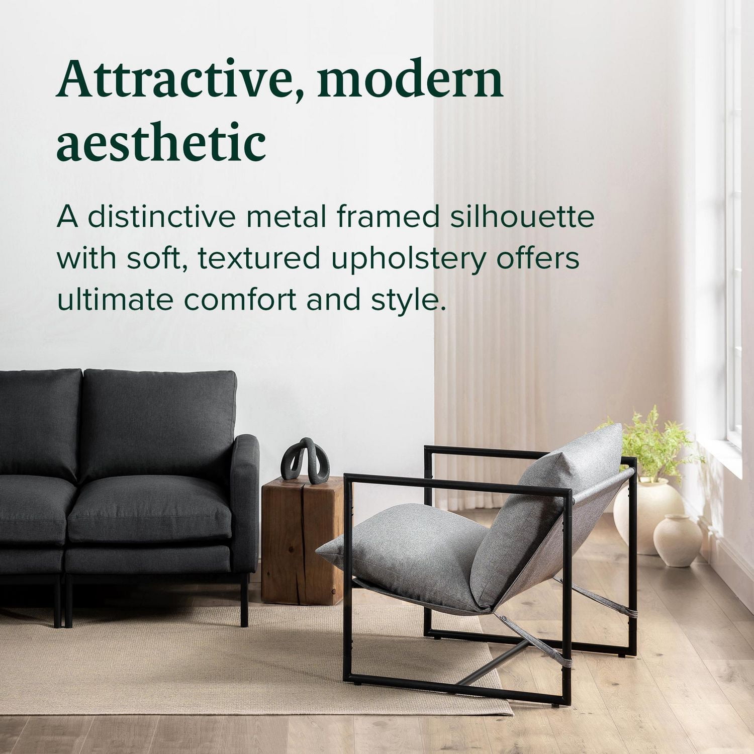 Zinus Aidan Metal Framed Indoor Sling Accent Chair, Light Grey, Dark Grey, Black, Oatmeal