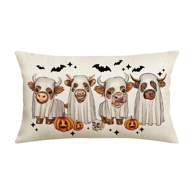 Halloween Cow Pillowcase Polyester Fabric Rural Farmhouse Style Zipper Design Decorative for Sofa Bedroom Home Holiday 20x20x1cm