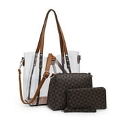 XB Women Large Clear PVC Shoulder Tote Bag Transparent Handbag 3 Pieces Set with Plaid Pouch Wallet Purse