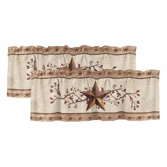 2 Pack Valances for Window, Farmhouse Texas Star Brown Short Curtains for Kitchen Bedroom Living Room, Berry Vintage Wooden Rod Pocket Small Window Treatment Valance Drapes 42 x 18 Inch