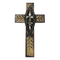 Rustic Ichthys Jesus Fish With Fleur De Lis Olive Carving Faux Wood Wall Cross