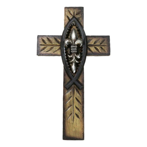 Rustic Ichthys Jesus Fish With Fleur De Lis Olive Carving Faux Wood Wall Cross