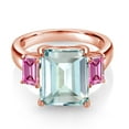 thumbnail image 2 of Gem Stone King 18K Rose Gold Plated Silver 3-Stone Ring Octagon Sky Blue Simulated Aquamarine and Vivid Pink Moissanite (6.55 Cttw, Size 6), 2 of 3