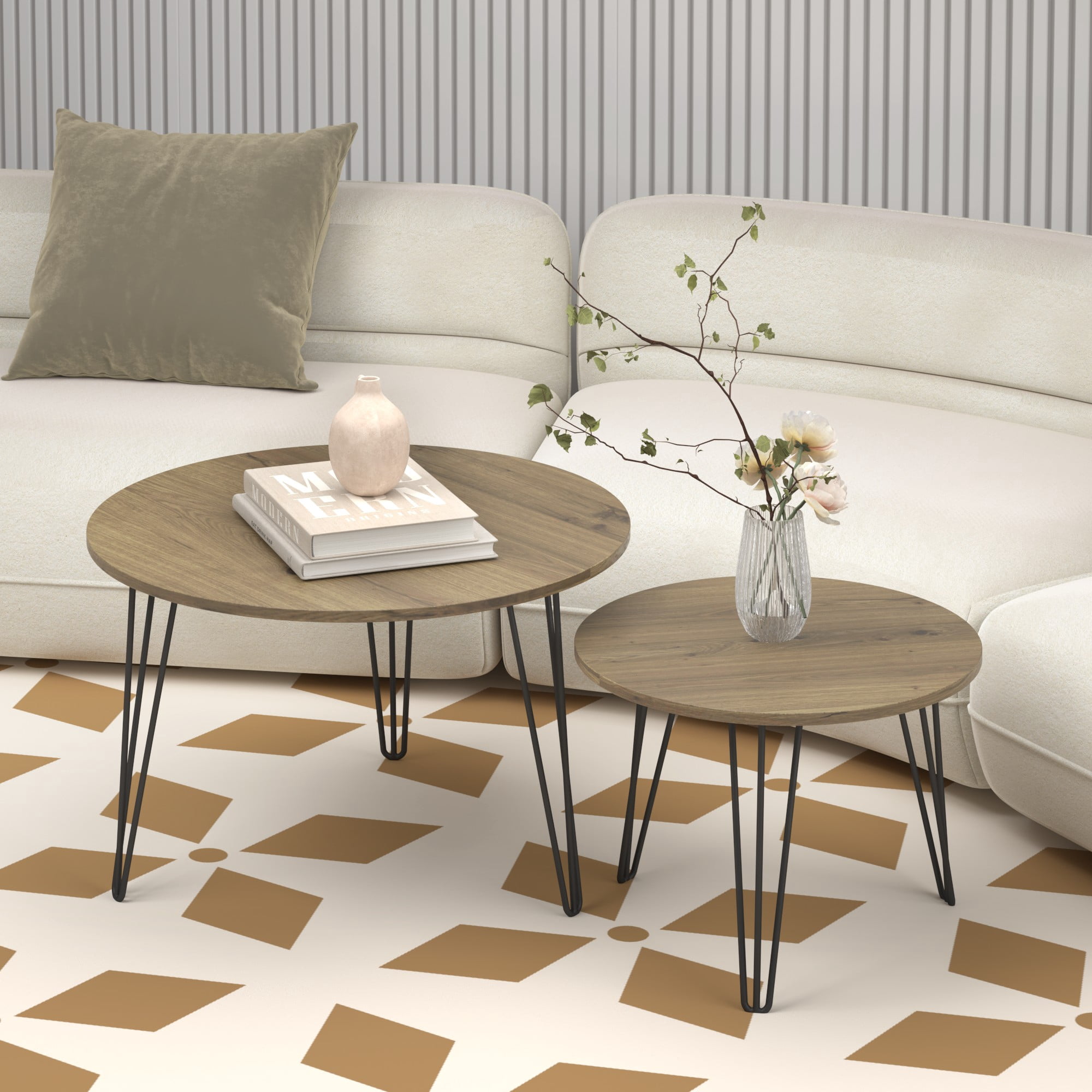27.56'' Round Nesting Coffee Table Set of 2,Wooden End Table Set, with Metal Base for Living Room,Bedroom,Brown
