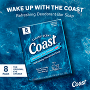 Coast Refreshing Deodorant Bar Soap, for All Skin Types, Classic Scent, 3.2 oz, 8 Bars