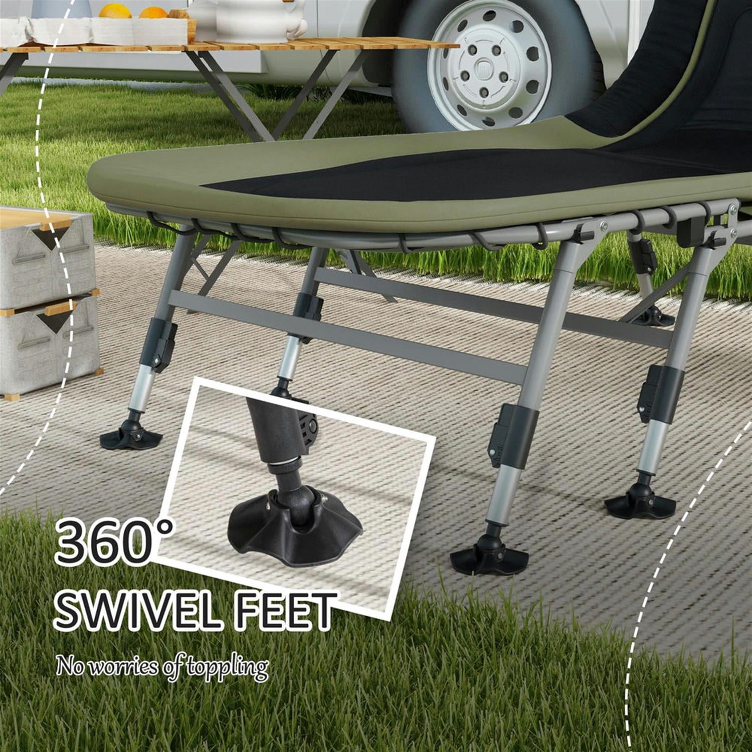 Demi Bonn Heavy Duty Camping Cot, Outdoor Portable Folding Bed with Comfortable Padded Cushion, 180° Reclining Backrest, 400 lbs Weight Limit, Green