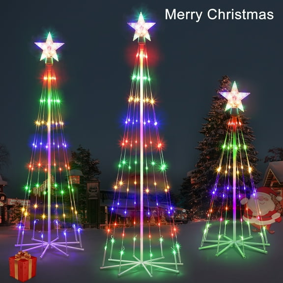 Set of 3 Christmas Decoration Outdoor Spiral Tree, 3/4/5 FT 240 LED Xmas Collapsible Tree Lighted 3D Tree Lights Holiday Display Decorative for Indoor Outdoor Xmas Patio Wedding Decor