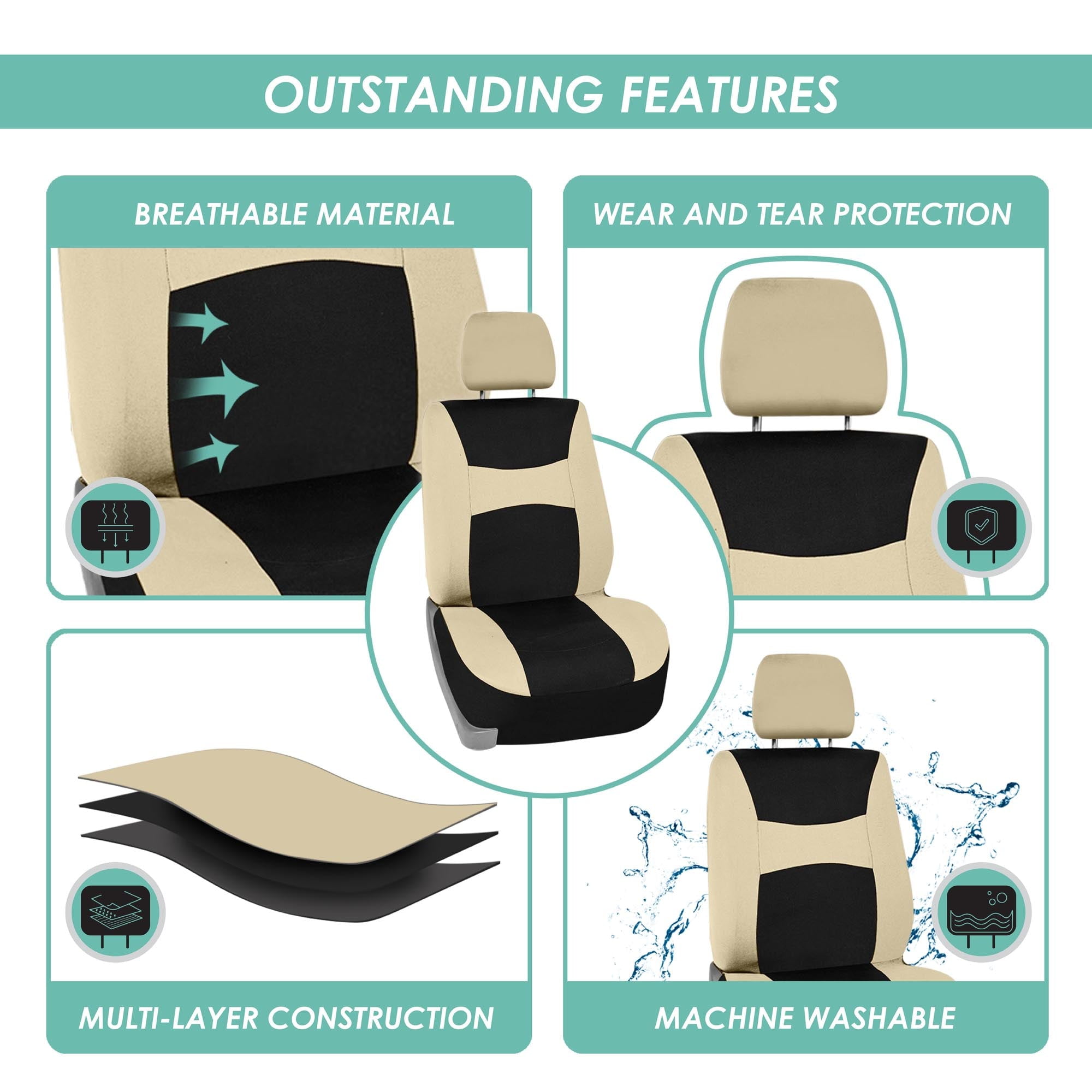 FH Group Light & Breezy Flat Cloth Car Seat Cover Set For Car Truck SUV Van Beige - Front