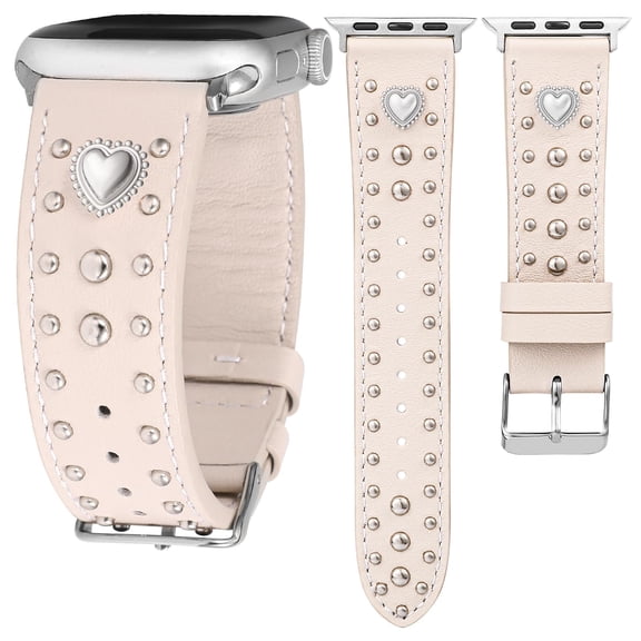 Wearlizer Leather Band Compatible with Apple Watch Band for Women 38/40/41/42/44/45/46/49mm, Studded Heart Charm Designer Strap, Dressy Slim iWatch Band for Series 11/10/9/8/7/6/5/4/SE/Ultra