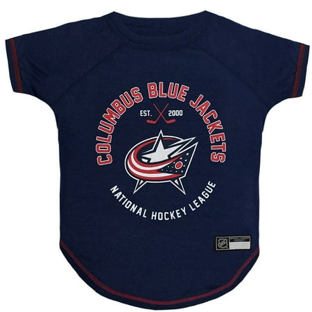UPC: 0849790077201 | Pets First NHL Columbus Blue Jackets T-Shirt – Licensed Wrinkle-free stretchable Tee Shirt for Dogs & Cats