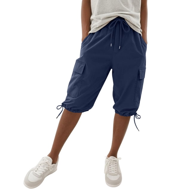 Hngshg Plus Size Cargo Capris for Women Bow Drawstring Solid Color Casual Pants with Pockets Summer Vacation Workout Pants