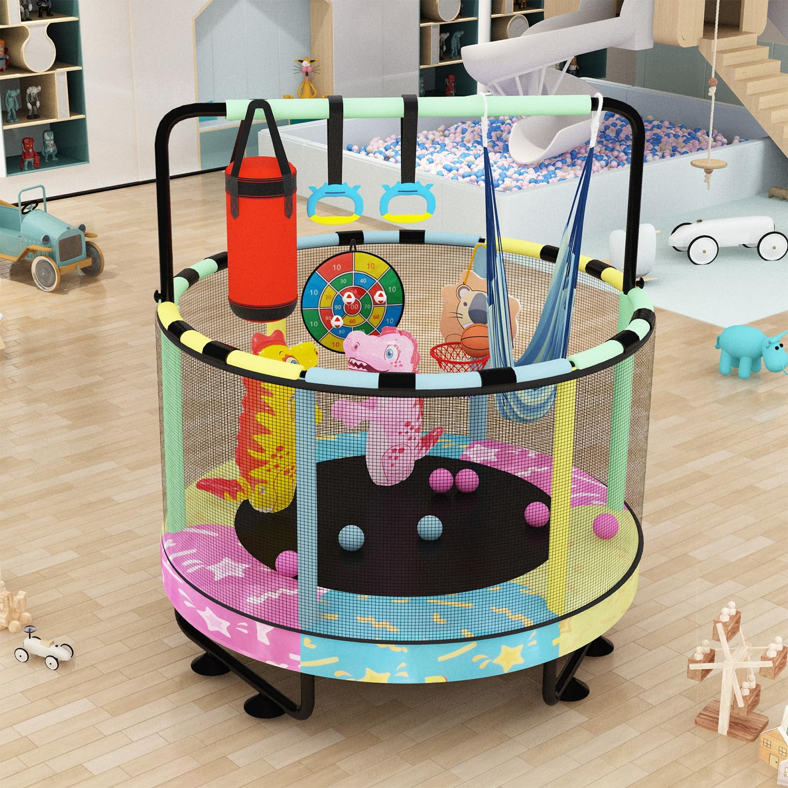 MOOSENG Round Kids Trampoline, Bouncing Trampoline with Safety Enclosure Net, Adjustable Height Handrail, 500lbs Capacity, Designs for Boys & Girls, 7-in-1, 55” (Colorful Star）