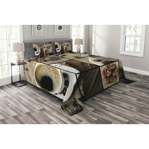 Ambesonne Brown Quilted Bedspread Set 3 Pcs, Coffee Mugs Wood Table, King Size, Brown