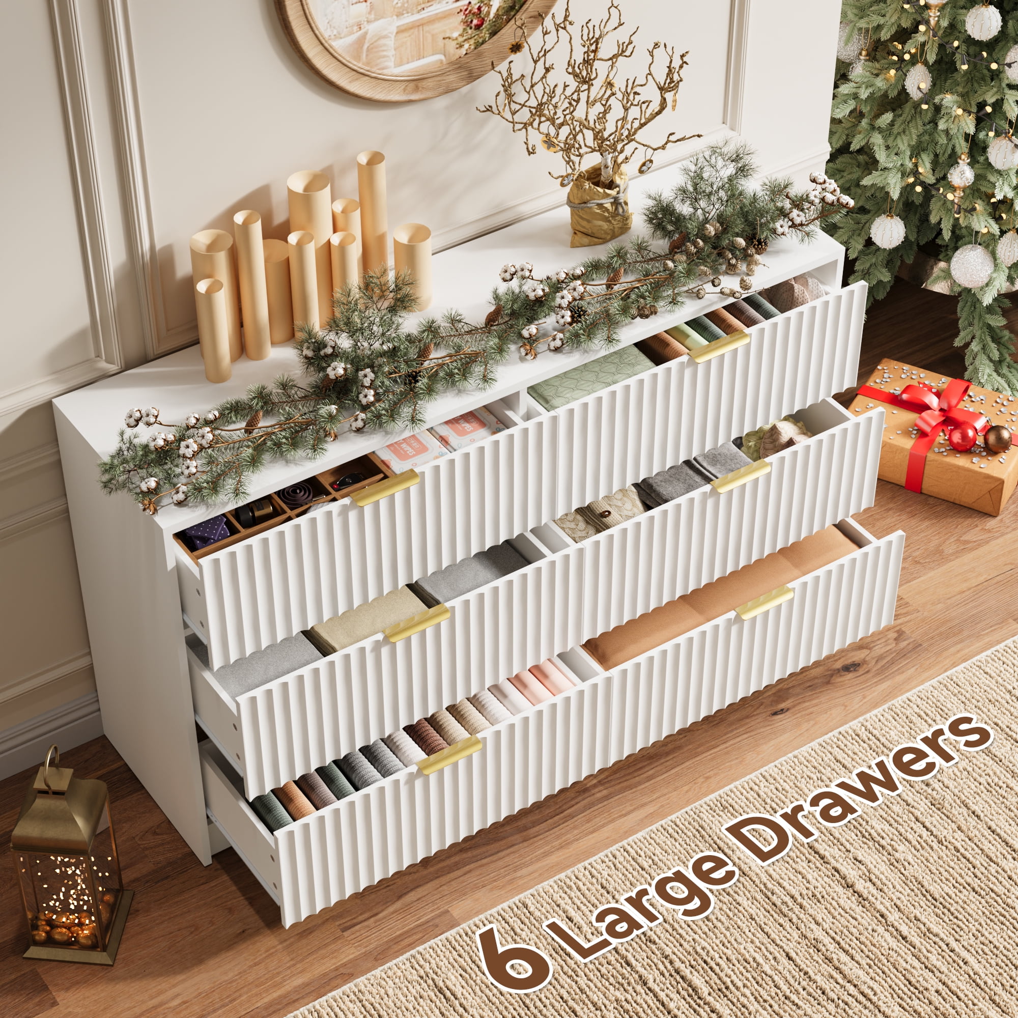 YouTrend 6 Drawer Dresser for Bedroom,55.1"Width Fluted Wood Chest of Drawer with Golden Embedded Handles for Living Room,White