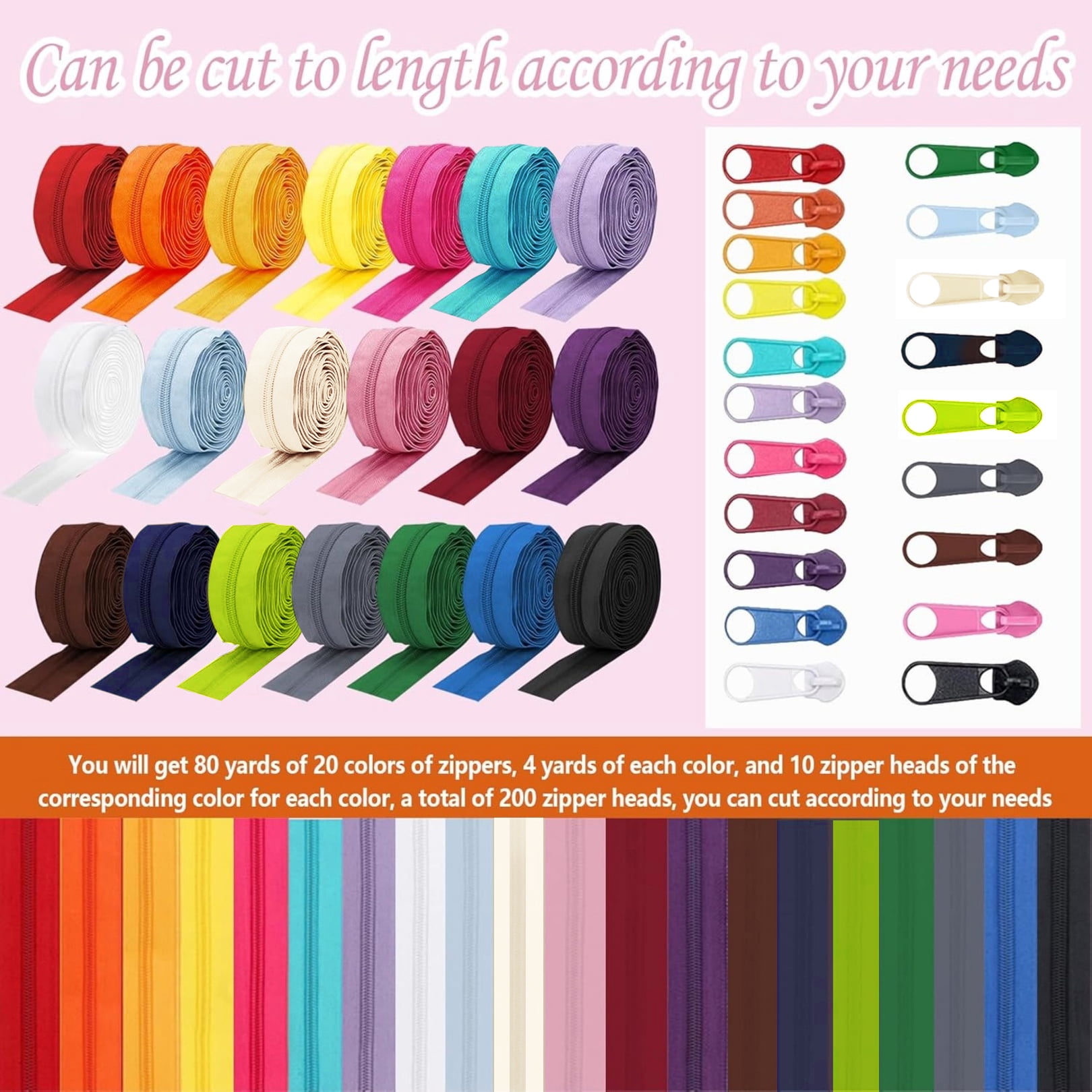 Amtvuzy 80 Yards 20 Colors Zipper,#3 Nylon Coil Zippers Bulk for Sewing,DIY Crafts and Tailoring with 200 Zipper Sliders,Zippers by The Yard for Bags and Purse Making Supplies,etc.