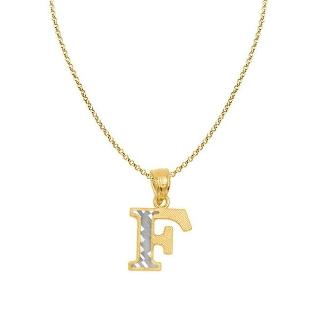Precious Stars PT2056F-CH227-22 22 in. 14K Two Tone Gold Diamond-Cut Initial Letter F Pendant with 1.2 mm Rolo Chain